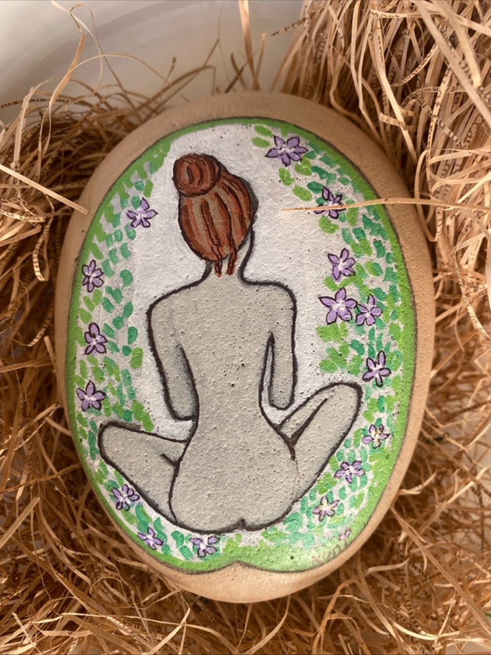 Rock Art Nude Meditating Figure sitting with Nature on Natural Stone